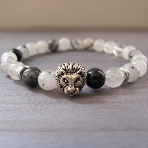 Tourmaline Quartz Beads Gemstone Bracelets Silver Lion Charm Mens Bracelet - Picture 1 of 5